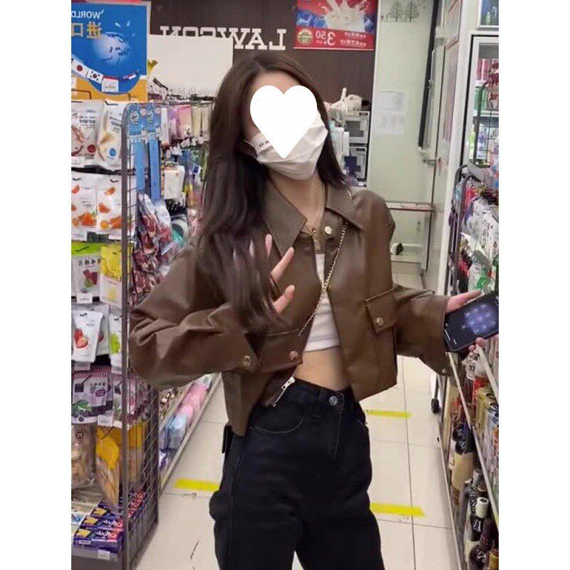 现货速发2025春秋新款美式复古黑色机车皮衣外套小个子短款皮夹克