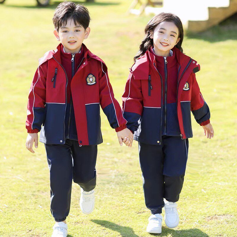 现货速发小学生校服冲锋衣加厚三件套秋冬装少儿班服春秋款幼儿园