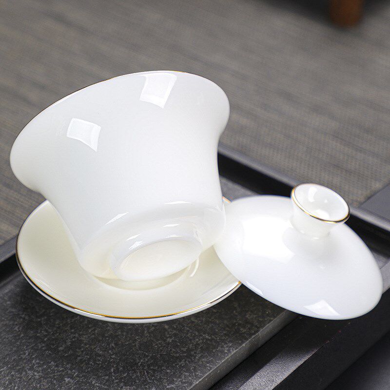 现货速发白瓷三才盖碗茶杯陶瓷单个不烫手羊脂玉瓷茶碗带盖泡茶功