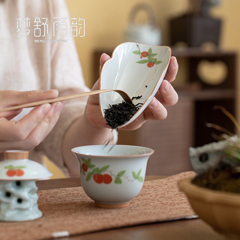 现货古手绘柿柿如意茶则茶拨两件套陶瓷茶荷功夫茶具X配件茶道六