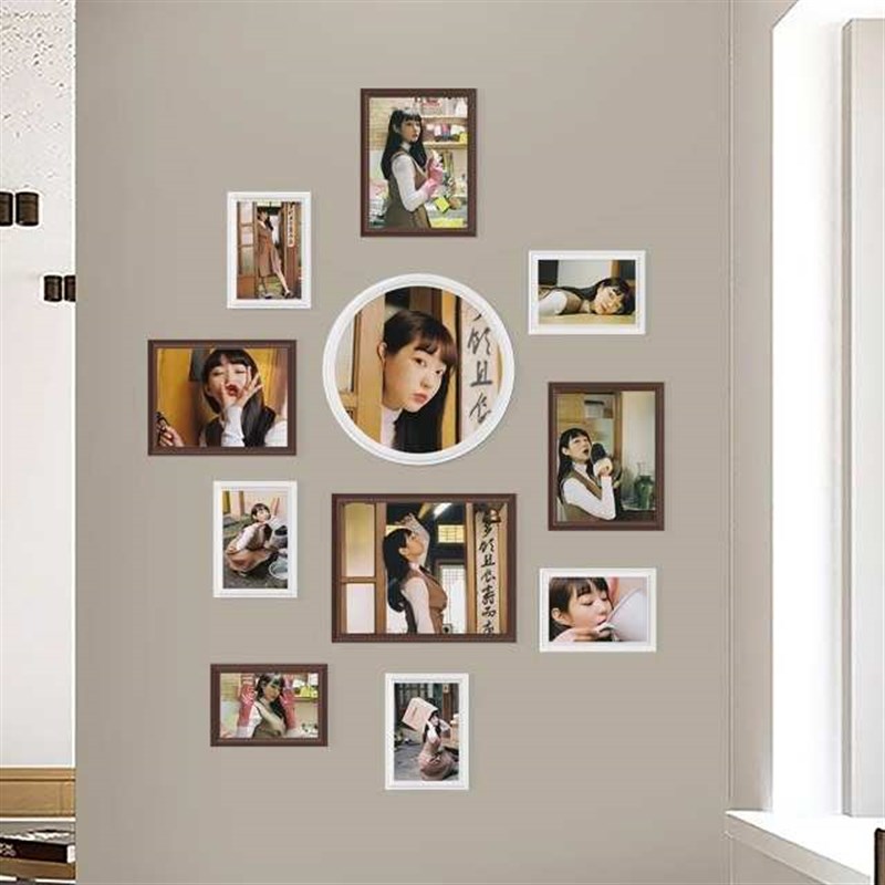 速发竖版竖挂照片墙免打孔实木相框挂墙组合创意餐厅背景墙面装饰