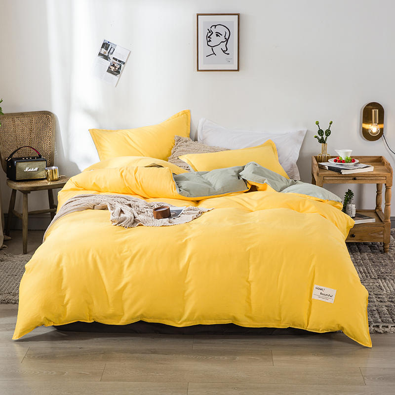 速发2021款简约纯色四件套黄色淡绿拼全棉素色四件套斜纹双色套件
