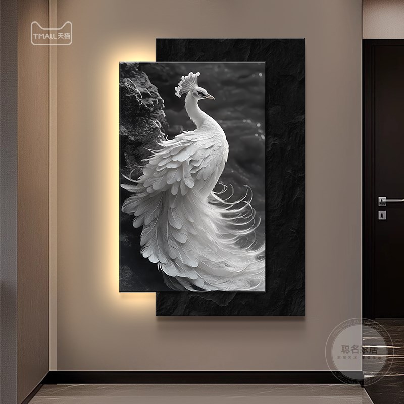 速发侘寂风孔雀入户玄关装饰画高级感浮雕肌理画寓意好走廊过道壁图片