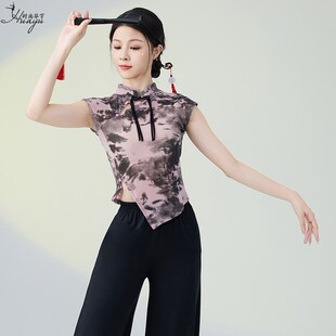 速发舞蹈服中国风新款古染新中式旗袍领弹典纱衣扎力舞练功服上衣