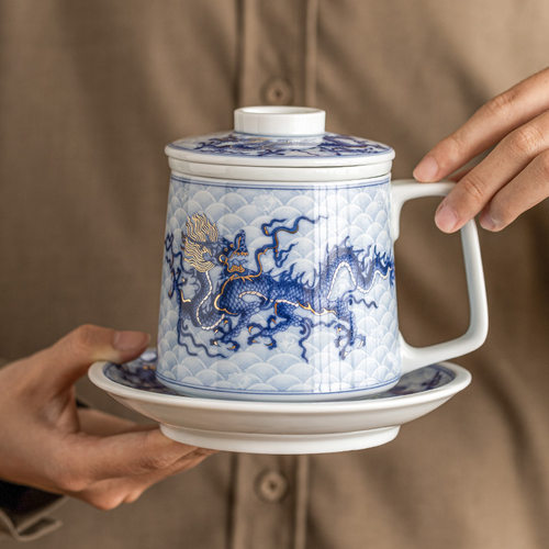 速发优格青花龙纹陶瓷茶杯泡茶杯茶水分离杯子马公办克杯高端轻奢