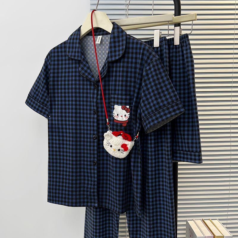 速发纯棉睡衣夏季薄码套棉甜美格子休闲大款三件纯装家居服