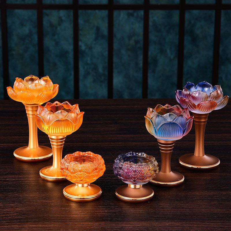 速发琉璃莲花灯座供佛酥油灯佛供七彩莲花大号烛台佛用家具用品