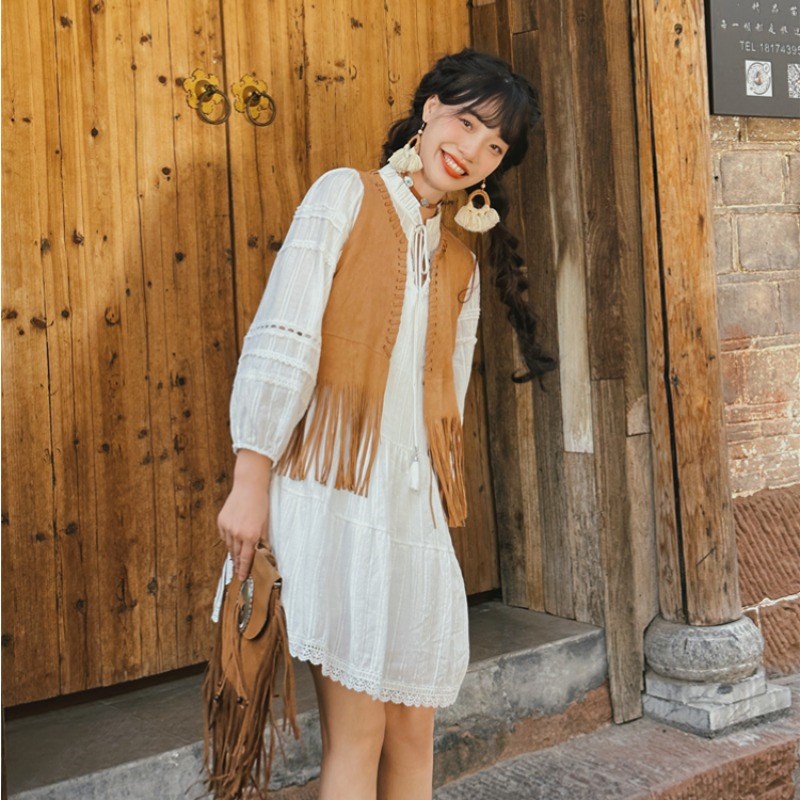 速发亚复古流浪风鹿皮绒牛仔甲马外搭开行度假穿搭流苏旅衫外套