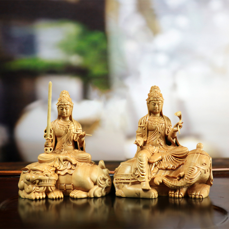 速发黄杨木雕刻文殊普礼菩萨观音佛像家居饰品摆艺实木送贤收藏工