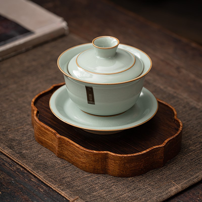 极速柏韵汝窑f功夫茶具盖碗陶瓷泡茶器冰裂开片可养茶碗中式家用