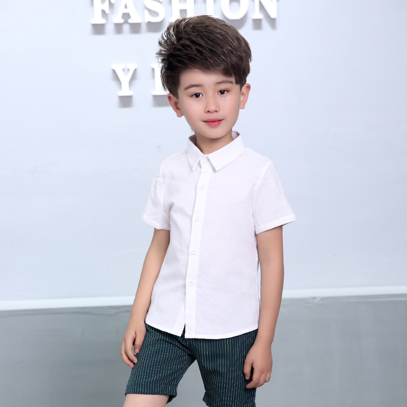 极速夏季儿童短袖衬衫男童翻y领白色棉衬衣打底韩版中小童童装