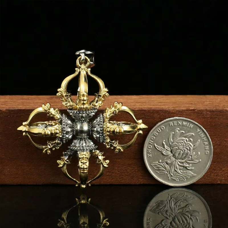 极速尼泊尔全铜十字金刚杵吊坠降C魔杵挂件一字杵泰银双色精致密