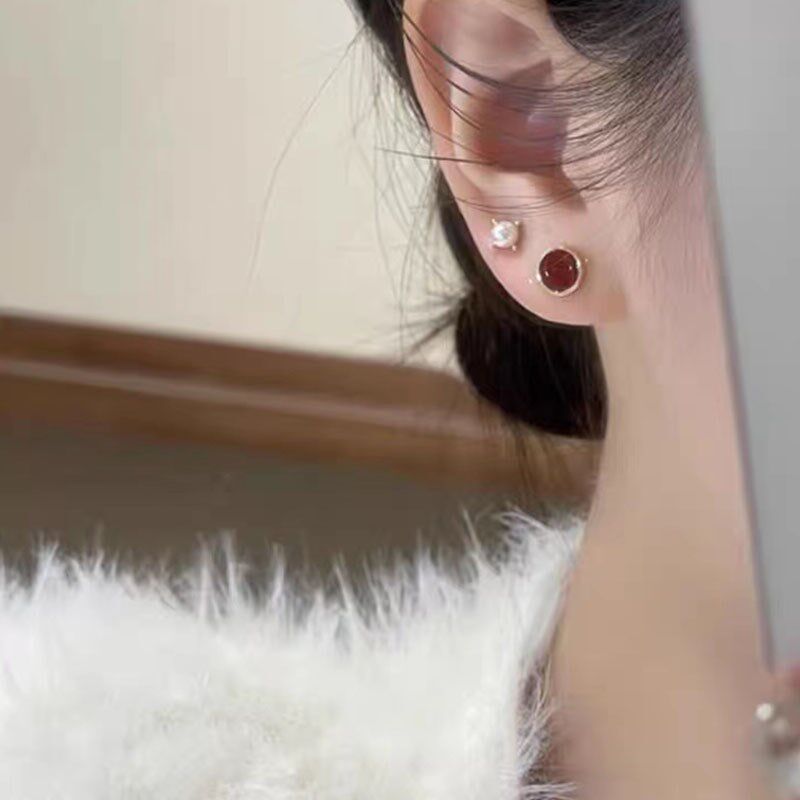 极速气质复古红色圆形耳钉轻奢小众设计感耳K环女2025新款简约百