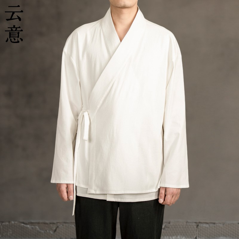 极速春秋季斜襟汉服男装中国风假两件唐装古风道袍V禅意居士服中
