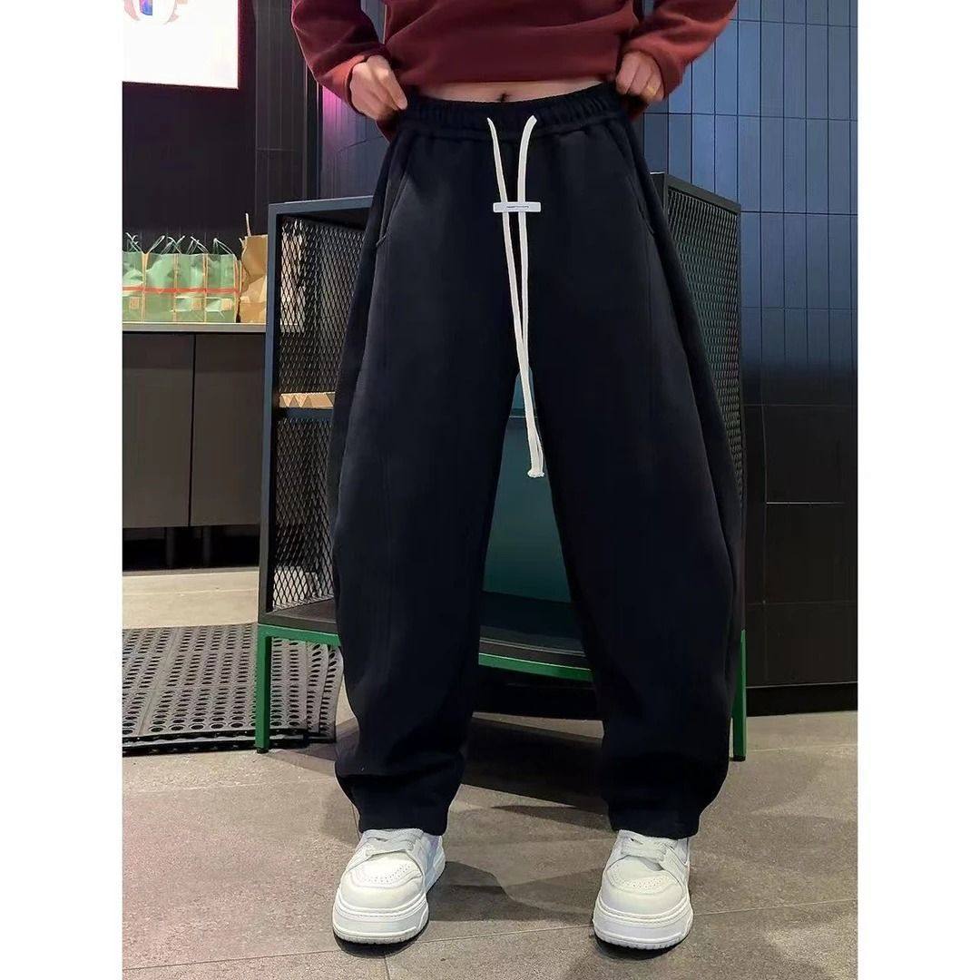 金先生秋冬款慵懒垂感抽绳松紧腰加绒宽松休闲裤百搭纯色弯刀裤