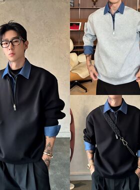 OXFREAK「衬衫式內襟」500g重磅假两件半拉链卫衣男秋冬翻领长袖