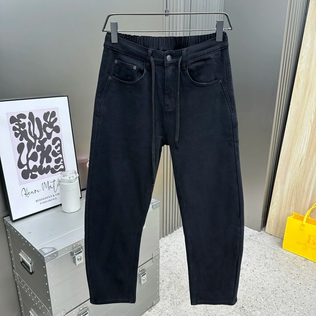 时尚百搭弯刀直筒裤冬季长裤秋冬牛仔裤裤子弹力男士加绒休闲裤