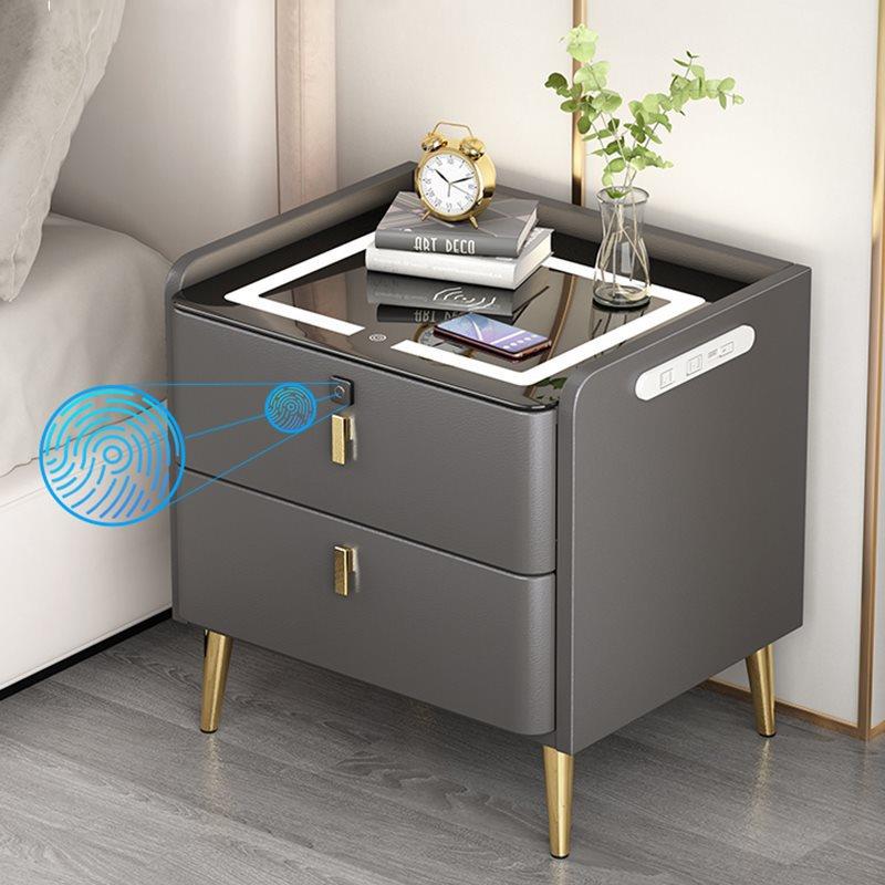 智能床头柜简约现代三抽无线充电指纹锁音响实木轻奢感带灯整QDF