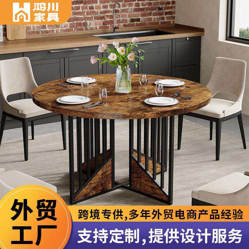 简约木质圆形餐桌工业风餐厅饭店餐桌椅组合面馆饭馆圆桌饭桌