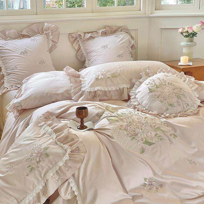 被套法式支高档裙边蕾丝四件套风床上用品100全棉纯棉长绒棉公主