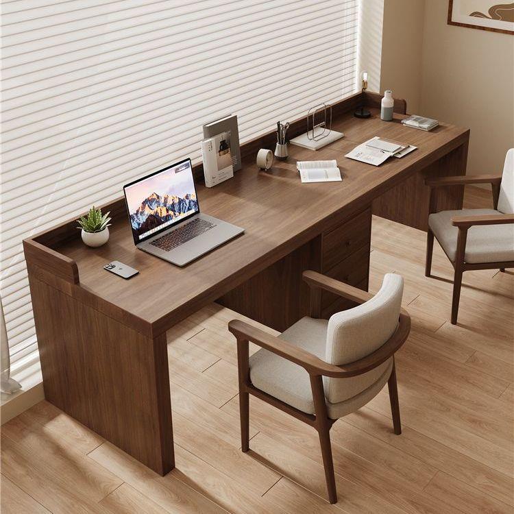 简约全实木双人书桌家用学生长条单人写字桌带挡板办公桌椅组合