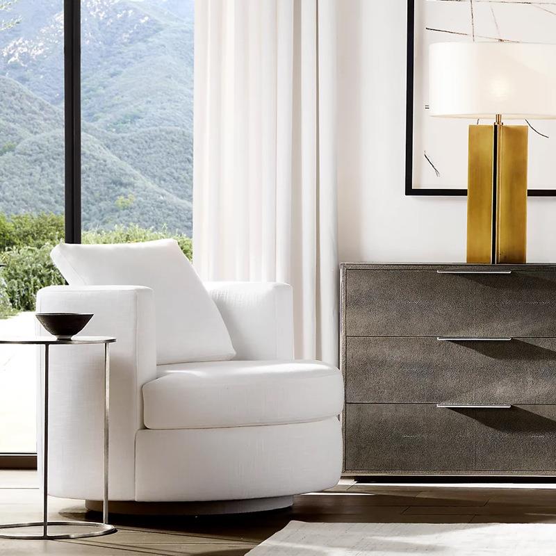 北欧亚麻布艺圆形沙发椅以式轻奢客厅旋转休闲椅阳台卧室单人椅子