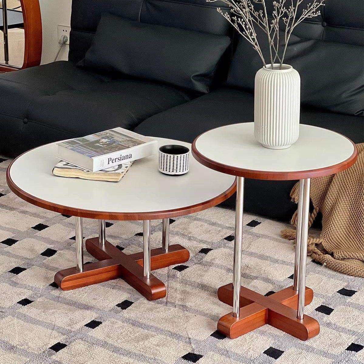 实木岩板子母茶几大小组合高低边桌设计感小圆桌客厅中古小户型