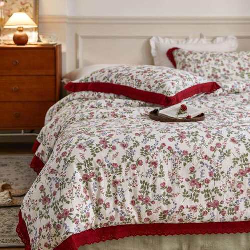 2023新款双层纱纯棉刺绣花边款四件套1.5m床单款四件套蔷薇之恋