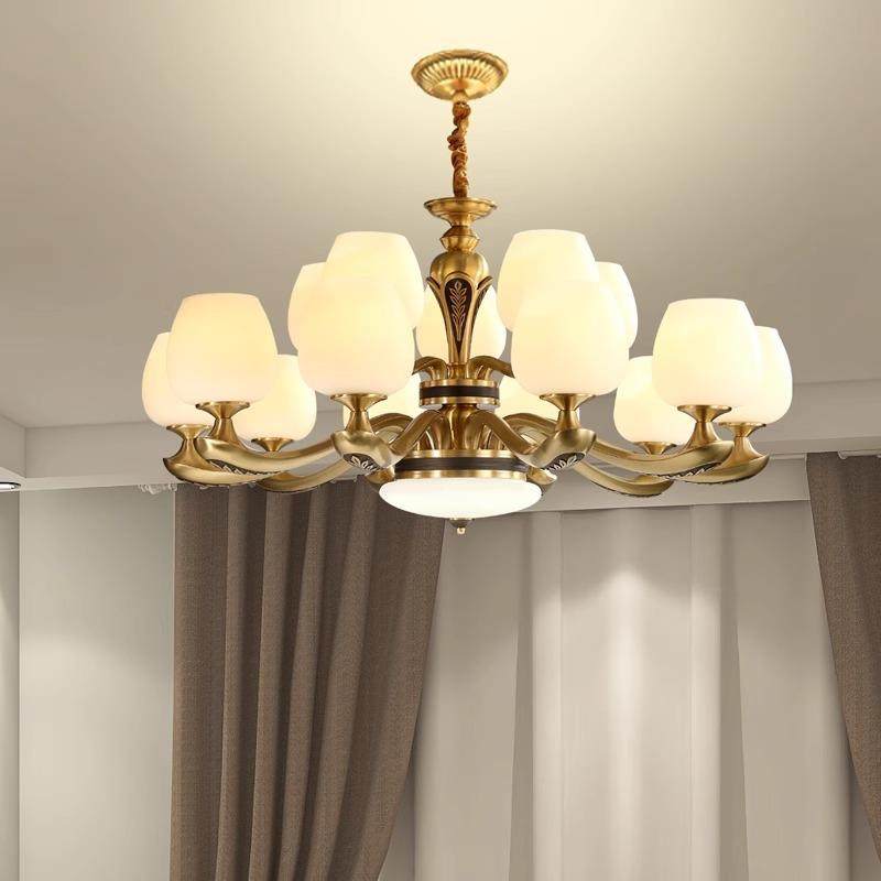 全铜美式客厅吊灯家用奢华大气欧式餐厅灯现代简约复古仿云石灯具