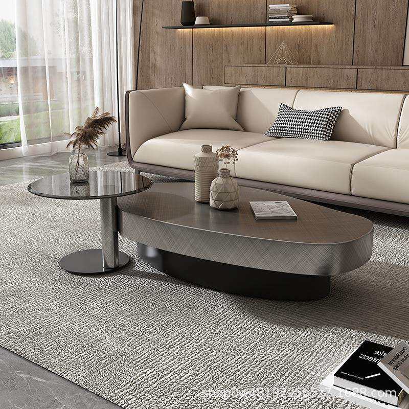 意式椭圆形茶几客厅不锈钢大小茶几电视柜带储物玻璃边几家用茶桌