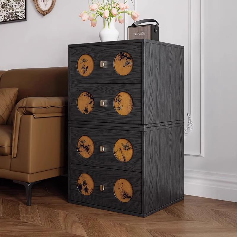 香云纱实木卧室床头柜沙发边柜新款家用客厅轻奢中古色复古黑收纳