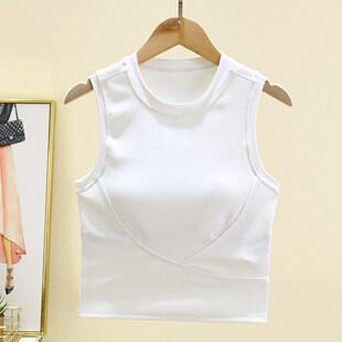 新品夏季瑜伽服运动背心r女外穿紧身短款带胸垫跑步速干无袖健身