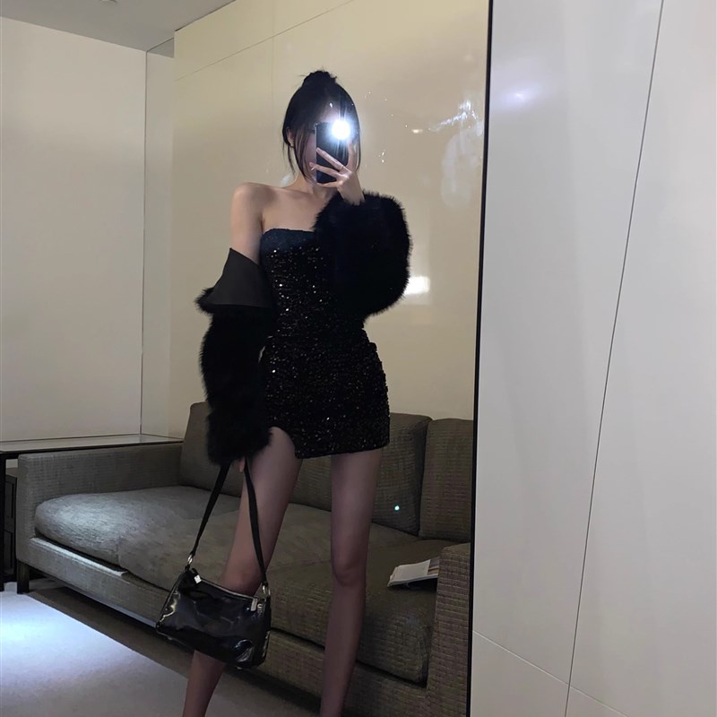 极速重工亮片黑色抹胸连衣裙女装春F季性感收腰开叉包臀裙短裙打