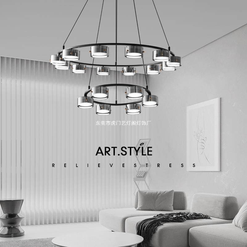 全铜轻奢客厅环形主灯现代北欧长条餐厅吧台玻璃吊灯中山灯具