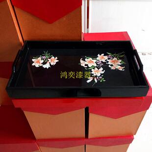 新中式手工彩绘漆器托盘木质茶盘果盘设计漆画茶托收纳盘茶几摆盘