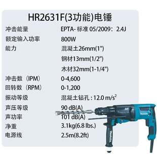 牧田HR2631F 电锤多功能家用冲击钻电钻电镐 3功能