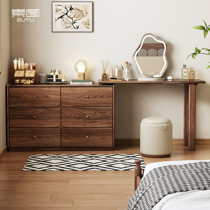 素图实木梳妆台斗柜一体现代北美黑胡桃卧室化妆桌储物书桌化妆台,住宅家具,梳妆台/桌,淘宝优惠券,粉丝福利购,淘宝优惠卷