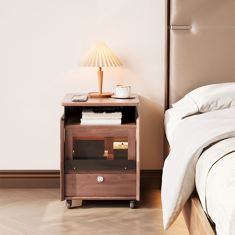 素图 黑胡桃木床头柜卧室多功能指纹密码带插座LED灯床边实木柜子,住宅家具,床头柜,淘宝优惠券,粉丝福利购,淘宝优惠卷