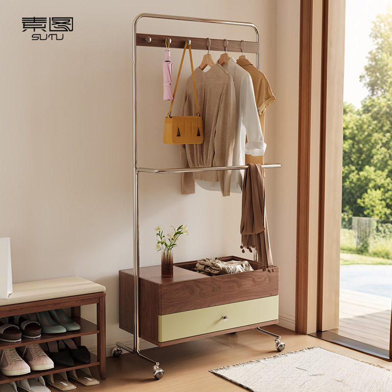 黑胡桃木落地可移动衣帽架