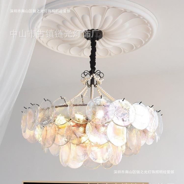 法式轻奢客厅吊灯全光谱奶油风玻璃圆饼主卧室房间灯复古餐厅灯具