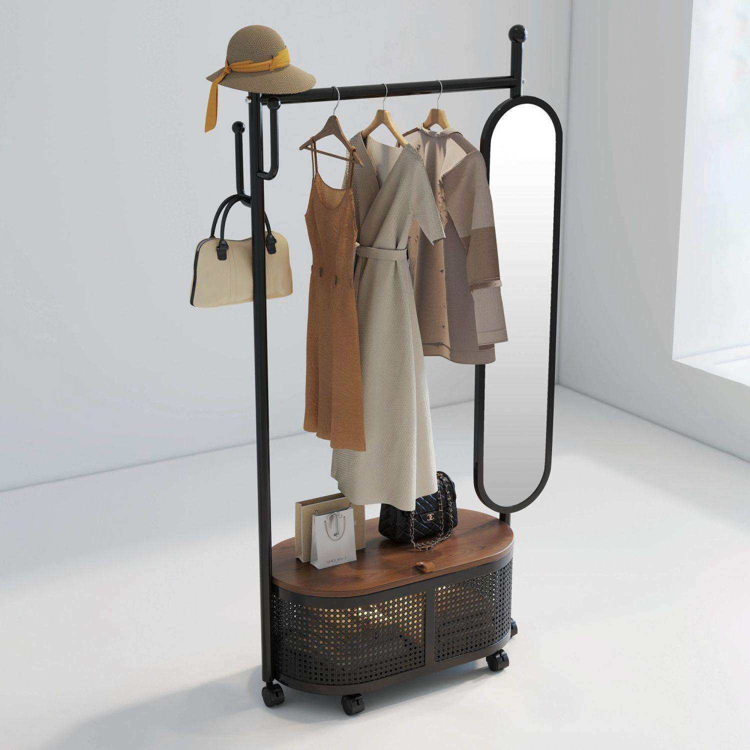 衣帽架中古风小户型卧室可移动带滚轮可置物铁艺挂衣架子带收纳篮