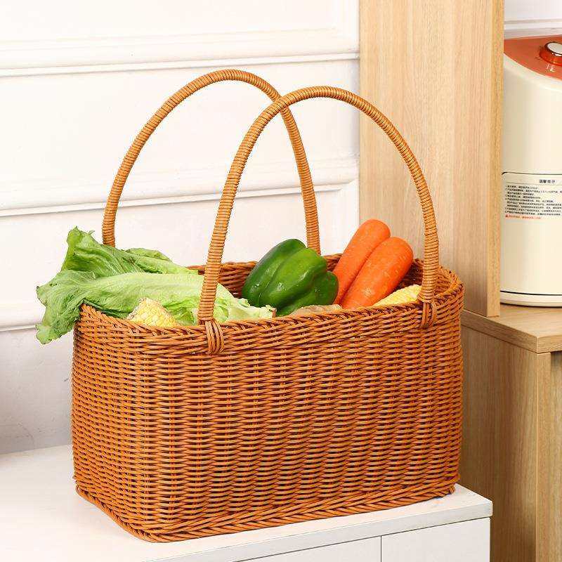 仿藤编塑料手提篮长方买菜水果户外采摘篮拍摄道具篮复古编织篮子