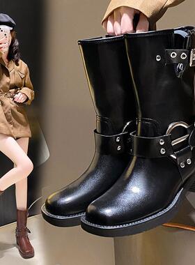 2023年SC新款粗跟短靴女欧美街头风单扣套脚马丁靴复古骑士牛仔靴