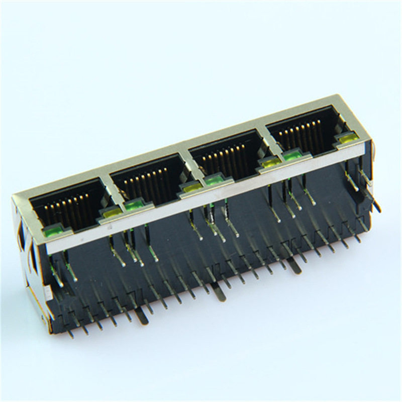 RJ45网口4口带变压器滤波器集成千兆带灯10P10C网络接口连接器座
