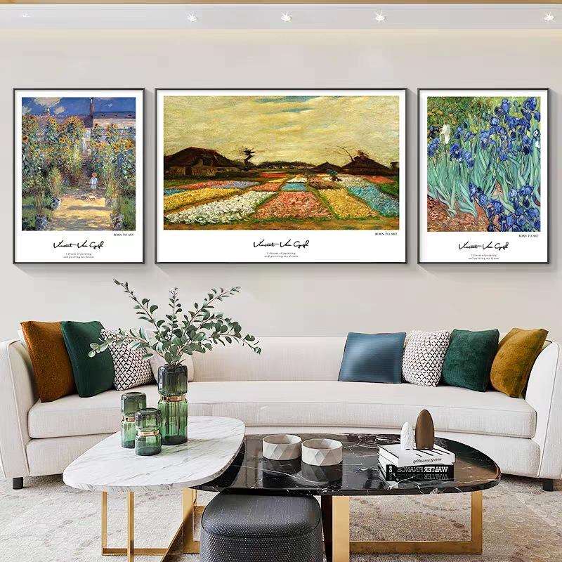 大气风景油画客厅装饰画轻奢风沙发三联挂画简约抽象梵高组合壁画