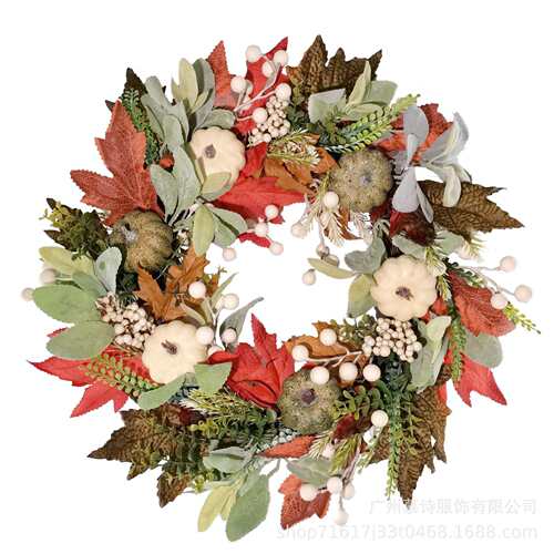 爆款秋季丰收枫叶南瓜花环装饰门挂跨境亚马逊感恩节Fall Wreath