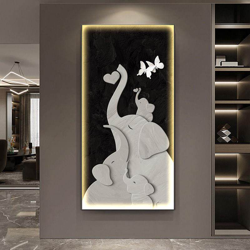 玄关过道挂画大象入户进门走廊装饰画寓意好黑白氛围灯画客厅壁画