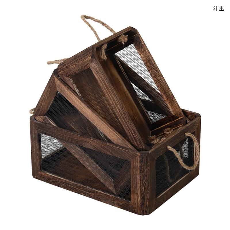 实木桌面日式木盒复古铁艺木筐手提大储物长方形简约木箱子收纳箱
