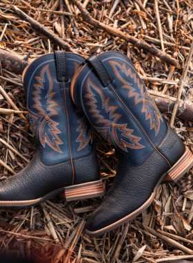 Palitutu真皮刺绣粗跟西部牛仔靴马靴骑行鞋男骑士靴大码牛仔靴