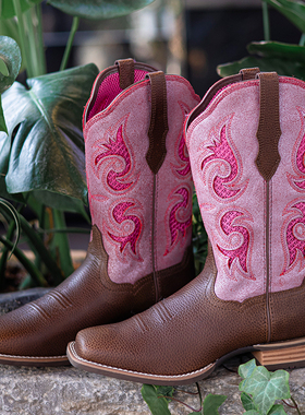 刺绣西部牛仔靴女新款套筒骑士靴中筒方头马丁靴女